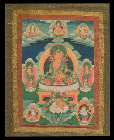 Thangka painting depicting an unidentified Bodhisattva, with various bodhisattvas, deities and holy men around, from Lhasa by Tibetan School